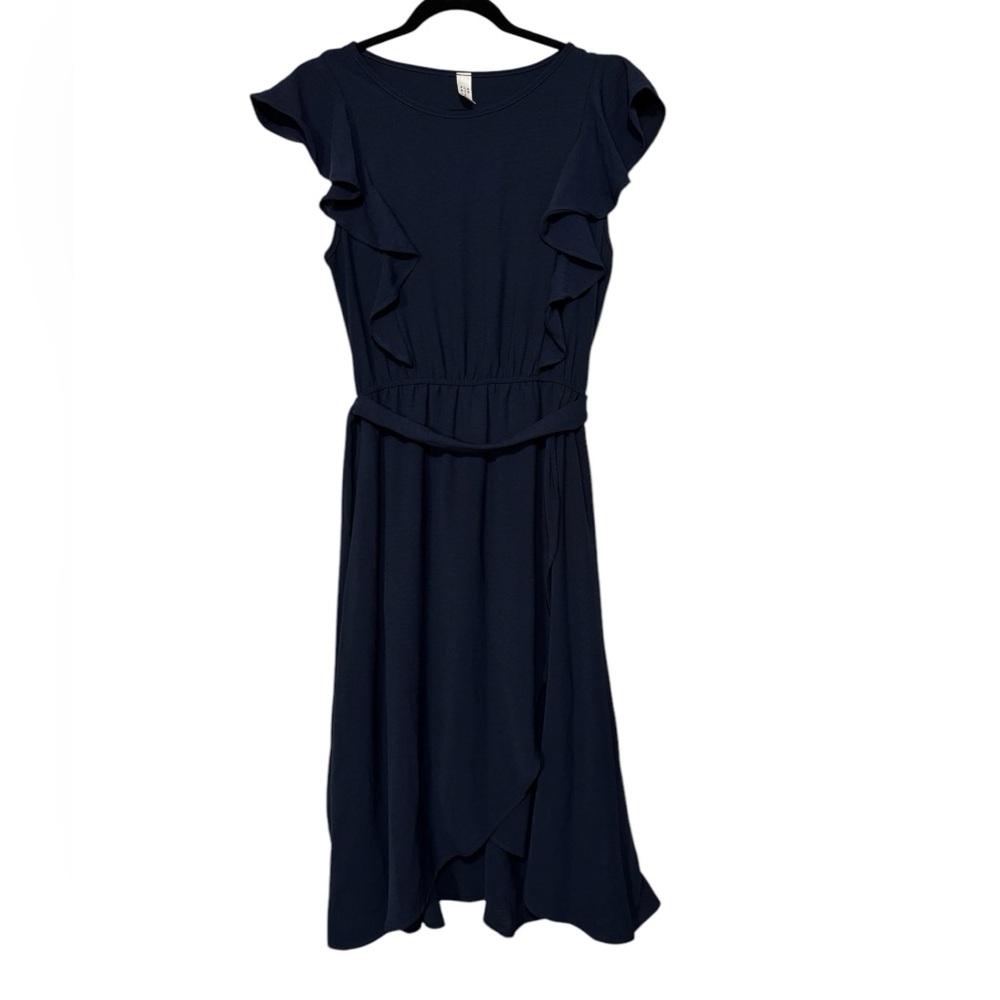 Flamingo‎ NAvy Blue Ruffle Fit Flare Modest Midi Dress Size Medium Wedding Guest